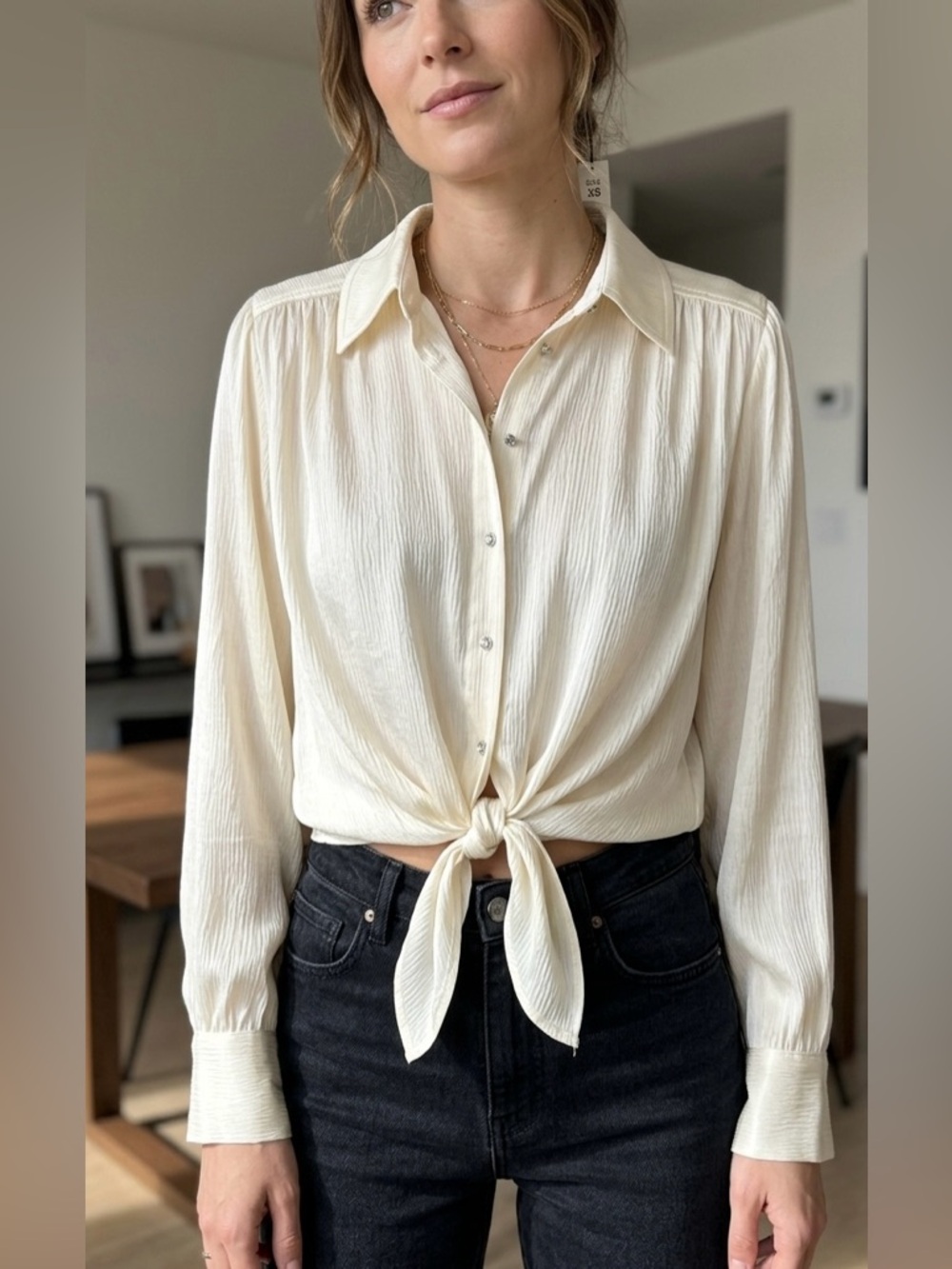Revolve | Ba&sh Silk-Look Tie-Front Button‎ Down Off White Long Sleeve blouse